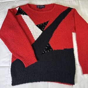 Vintage Geometric Red Black Le Chois Knit Studded Sweater Velveteen Sz Small
